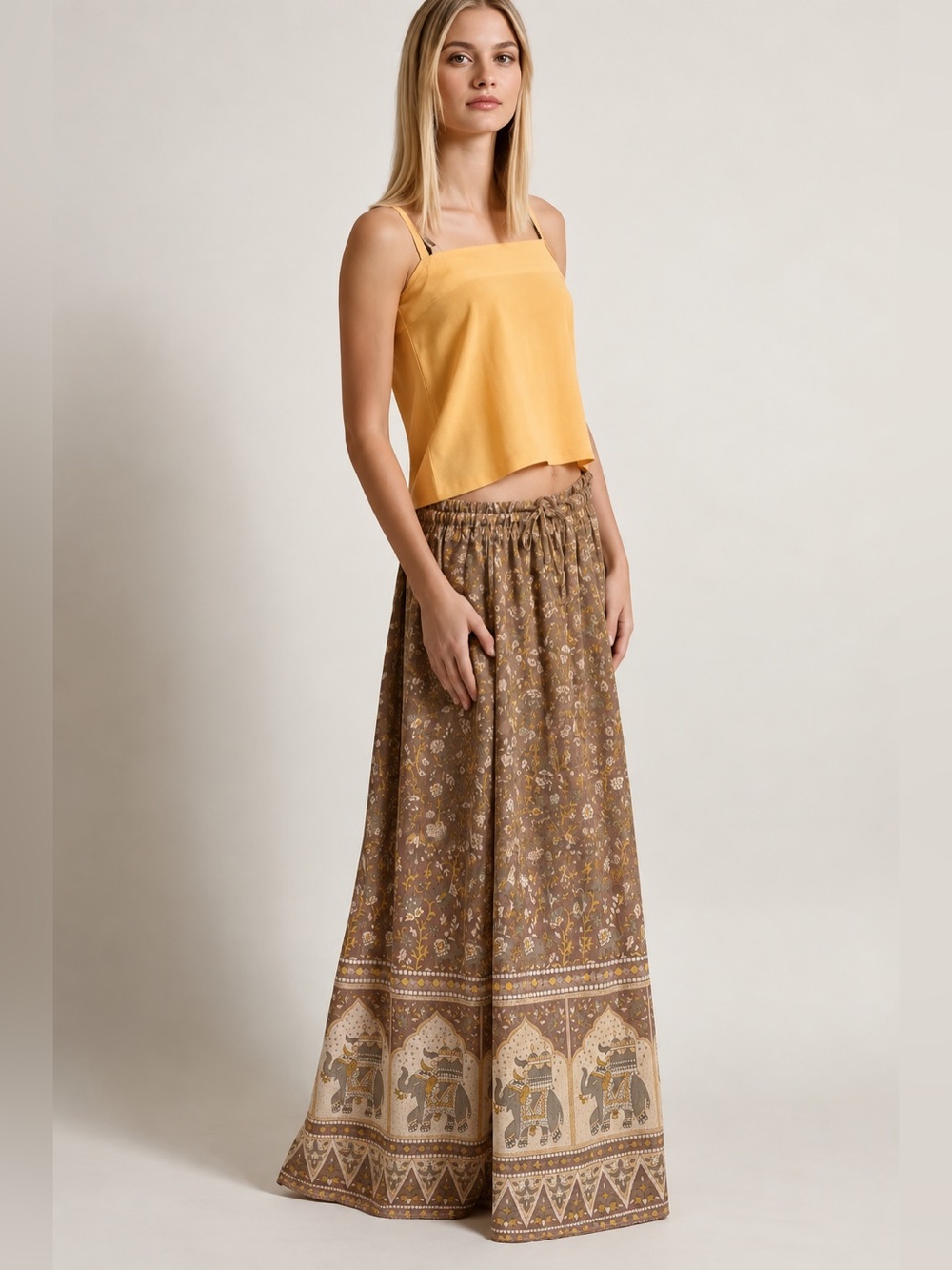 WINTER KATE MAXI SKIRT Maxi Skirt Vintage Silk Floral Boho Hippie Tan Size L XL